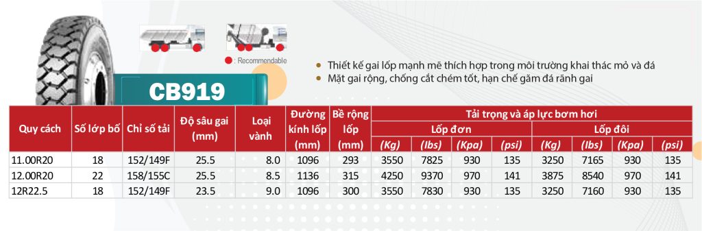 Thông số kĩ thuật lốp ChaoYang CB919
