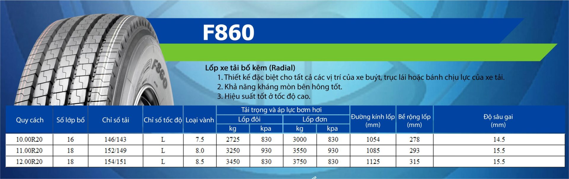 Thông số kĩ thuật lốp xe LingLong F860