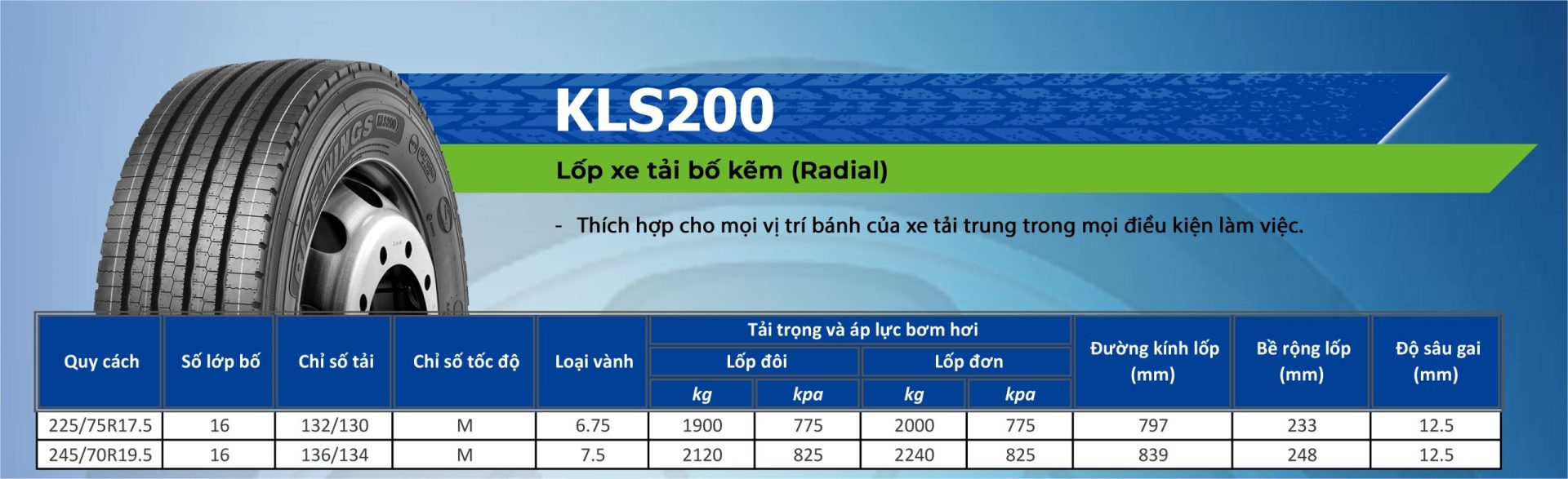 Thông số kĩ thuật lốp xe LingLong KLS200